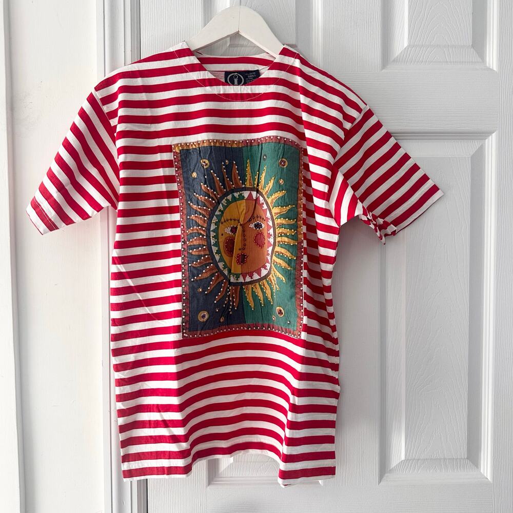 I AM Vintage Red White Stripe Sun Moon Embroidered Beaded Cotton Y2K Small 3D